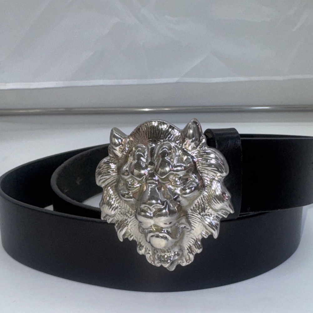 Versace Black Leather Belt with Silver Lion Head Buckle